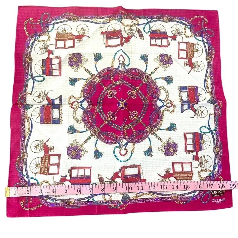 Celine Silk Scarf Duo Set Carriage Print & Ribbon Ropes 100% Silk 18” Squares